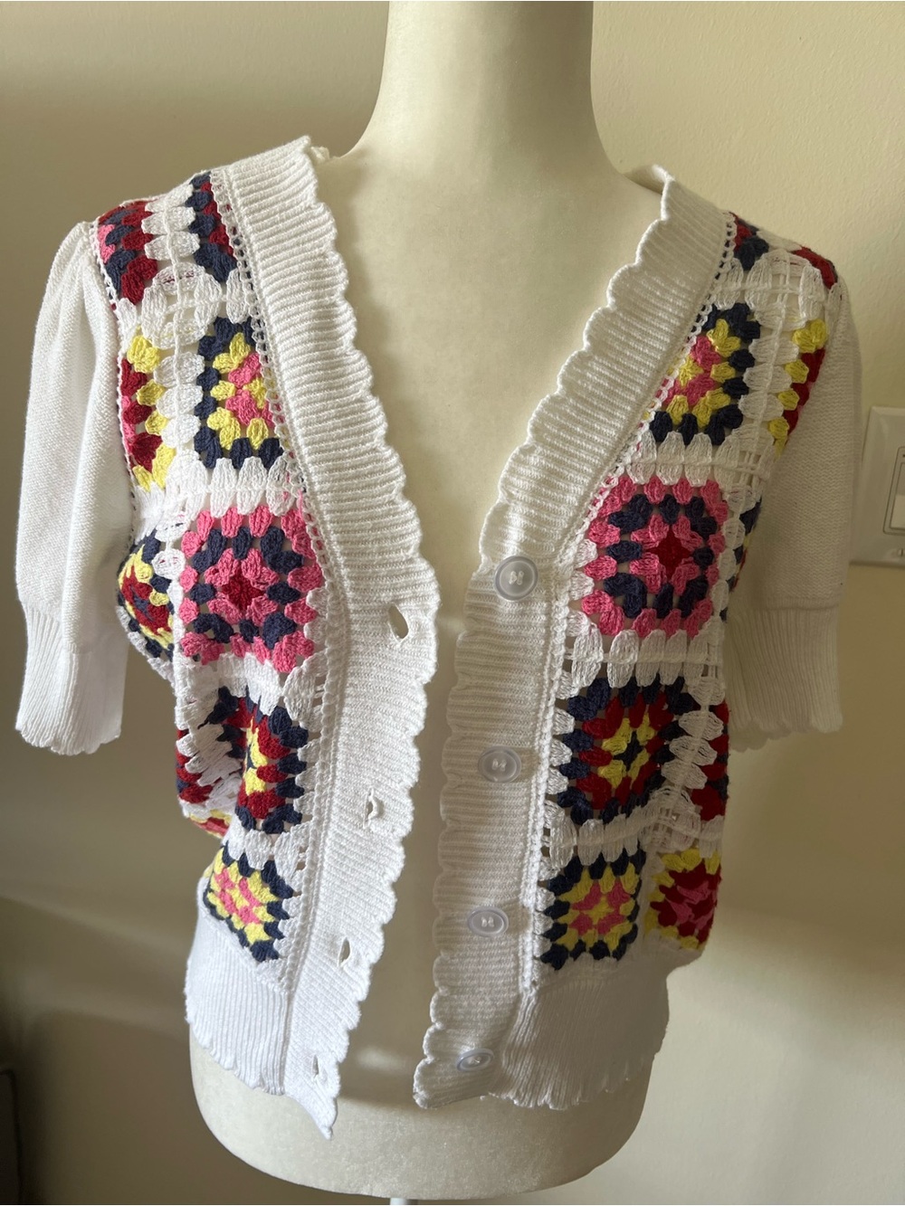 White Crochet Square-Panel Short Sleeve Cardigan with Multicolor Accents